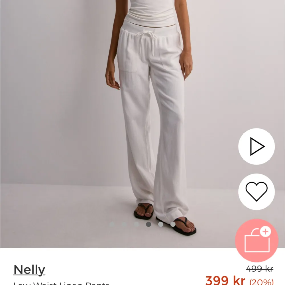 Endast provade Linnebyxor säljer från Nelly då dom tyvärr är för små för mig. Relativt långa på mig som är 177😊 nypris förr 499 nu 399💞low waisted🥰. Jeans & Byxor.
