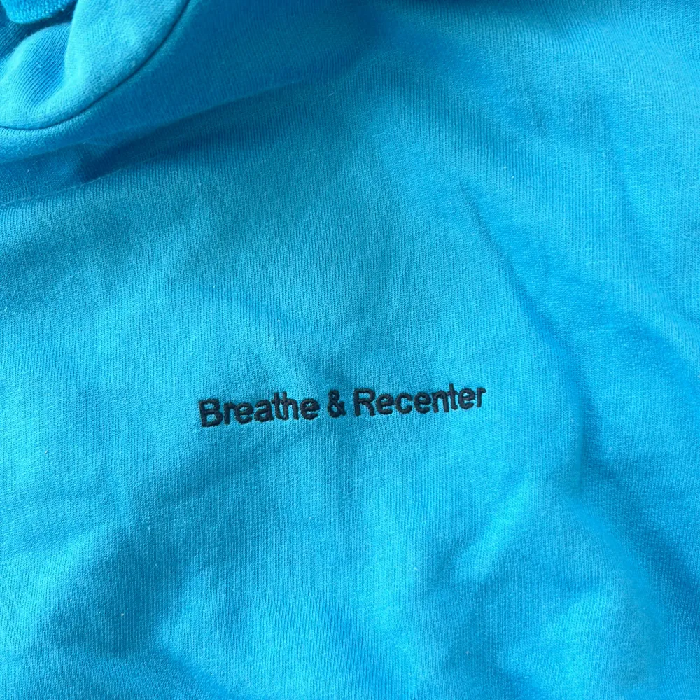 En blå hoodie som jag aldrig har använt, den har ingen framficka. Den är helt fel fri 💗. Hoodies.