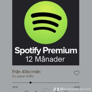 Spotify Premium 12 Månader - 480kr - Du får ett helt nytt, eget konto med Spotify Premium i 12 månader för 480kr.  Spotify pris 12 mån: 1428kr Vårt pris 12 mån: 480kr (Du sparar 948kr)  Hela köpprocessen sker online. Du betalar och vi skickar dig inloggningen till ditt nya konto.