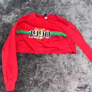 Röd Långärmad  - Röd långärmad tröja med tryck. Den har en fläck men tror den borde gå bort i tvätten. Välanvänd men inte på senaste. Förutom fläcken är den i fint skick 💕💕