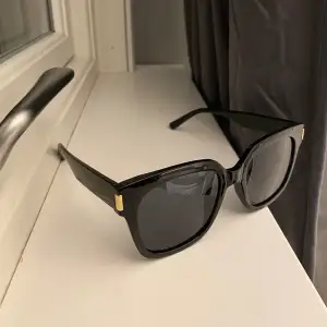 svarta solglasögon med guld detalj på sidan
