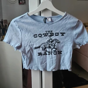 Croptop - Kort blå topp med motiv. Mycket bra skick, liten i storlek.
