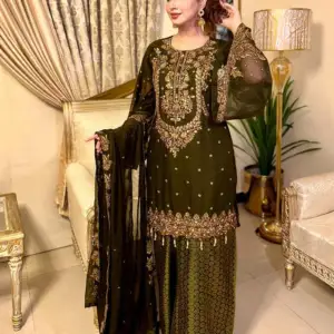Pieces: 3 Piece -Top + Bottom + Dupatta.kai green  a timeless ensemble that captivates with its exquisite hand embroidery adorning the neckline and the bottom of the shirt. The billowy sleeves add an enchanting allure to this ensembl