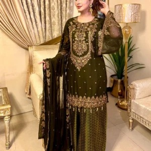 Pakistani and indian clothes  - Pieces: 3 Piece -Top + Bottom + Dupatta.kai green  a timeless ensemble that captivates with its exquisite hand embroidery adorning the neckline and the bottom of the shirt. The billowy sleeves add an enchanting allure to this ensembl