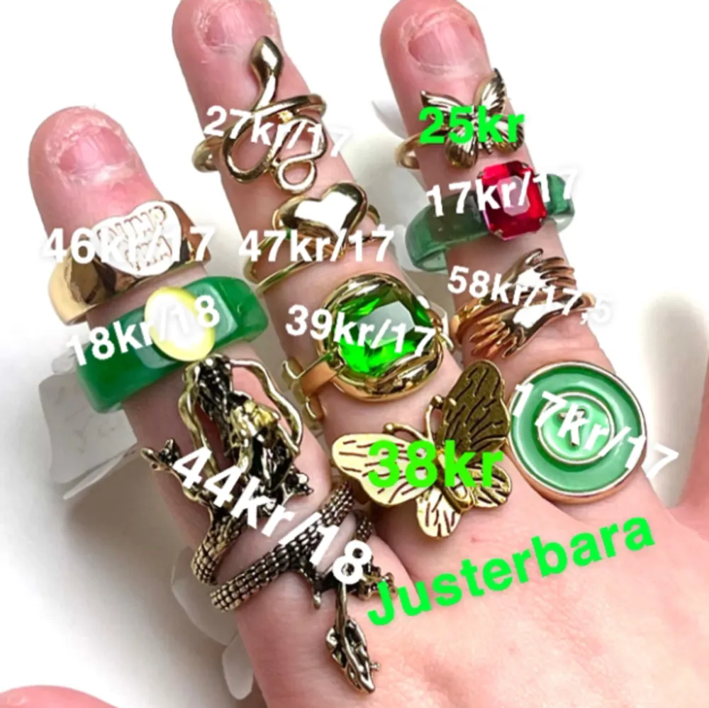 Säljer dessa super söta gröna ringarna med massor av olika motiv! Helt nya, alltså inte använda! Frakt tillkommer 20kr❗️ Priser och storlekar står på andra bilden! 💚. Accessoarer.