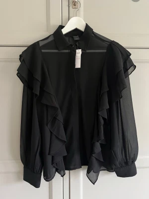 Frill blouse  - OBS LÅNADE BILDER! Skriv om du vill ha mer bilder. Jättefin frill blouse i svart genomskinligt material ifrån Lindex. Storlek S. Köptes för 350kr om jag minns rätt. Aldrig använd. 