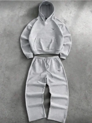 Grått mjukisset med hoodie - Säljer ett grått mjukisset med hoodie och matchande byxor. Setet har en klassisk känguruficka på tröjan och resår i midjan på byxorna. Liten broderad logga på både tröja och byxa. Perfekt för chill dagar hemma.