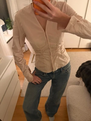 Beige figursydd blus med rynkdetaljer - Trendig beige blus med figurnära passform och snygga rynkdetaljer längs midjan. Djup v-ringning och långa ärmar. Perfekt att styla med jeans för en cool look🤍🤍helt oanvänd med prislapp kvar!! storlek M men passar S skulle jag säga