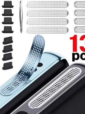 Dammskyddsnät och pluggar till mobil - Sats med silvriga dammskyddsnät och svarta dammpluggar för mobiltelefon. Nätet är perforerat och fästs vid högtalargallret för att skydda mot damm, medan pluggarna täcker laddningsporten. Perfekt för att hålla mobilen fräsch och fri från smuts.