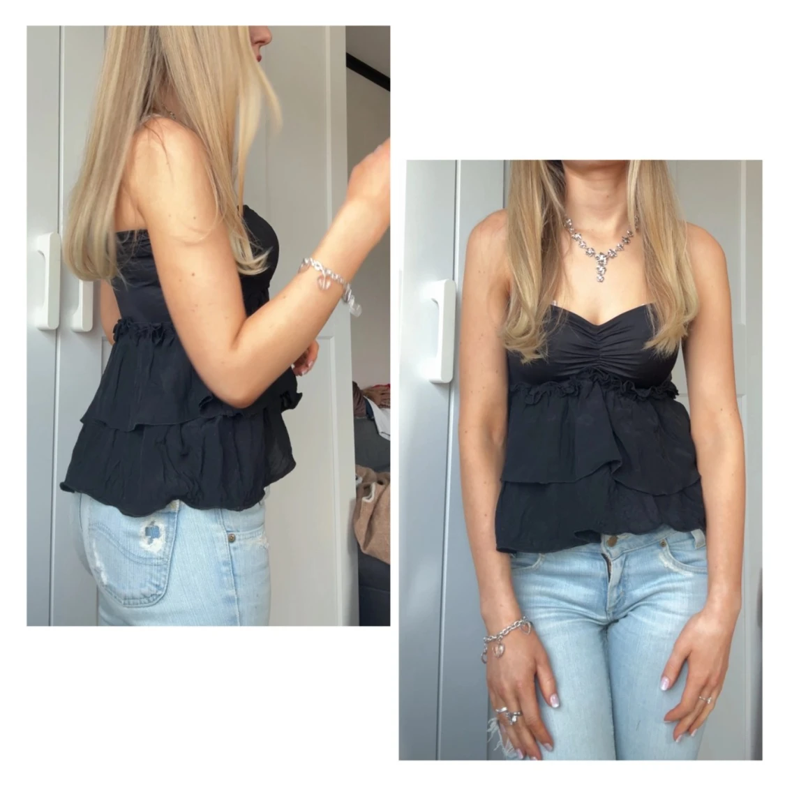 Svart axelbandslös topp med volanger - 91