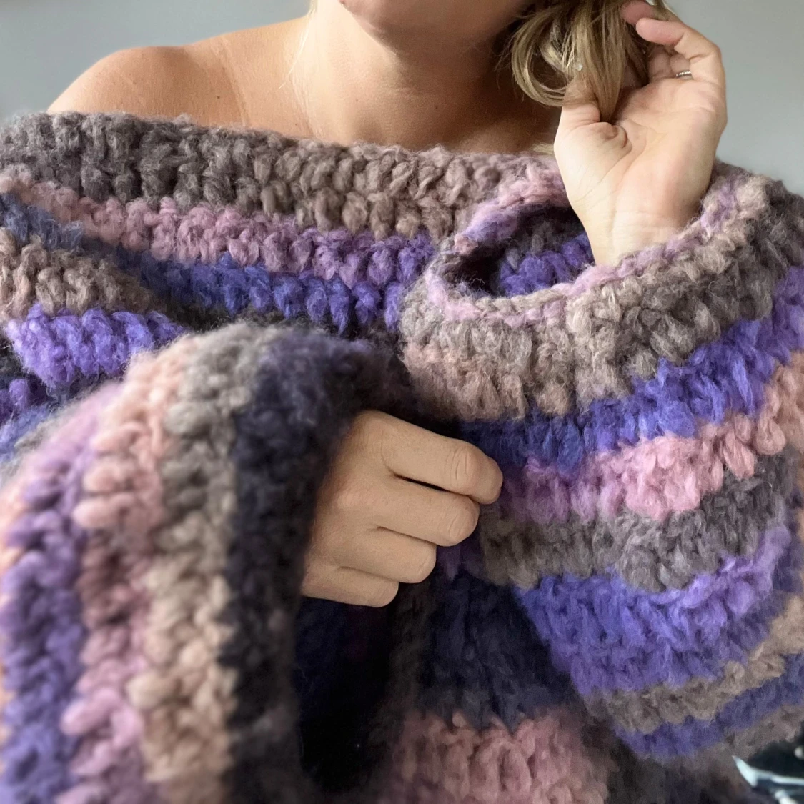 Randig chunky stickad tröja lila/rosa - 4