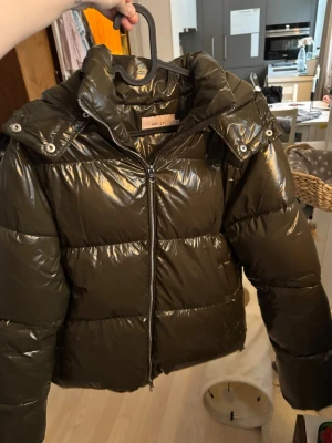 Mörkgrön pufferjacka från Nelly - Säljer en mörkgrön, glansig pufferjacka från Nelly i storlek M. Jackan har huva, dragkedja framtill och breda quiltade partier. Perfekt för kalla dagar och riktigt snygg till streetwear-looken. Ena knappen på fickan har gått sönder (se bild), annars är den i nu skick!