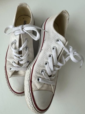 Converse All Star vita sneakers - Vita Converse All Star sneakers med lågt skaft. Skorna har vit canvas, vita snören och gummisula med röd och blå rand. 