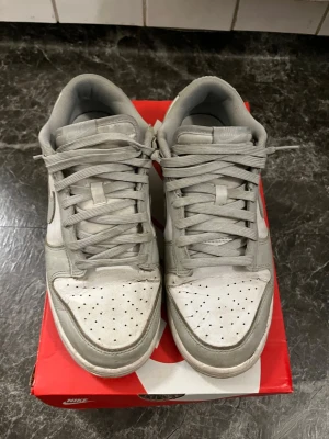 Nike Dunk Low smokey  - Nike Dunk Low sneakers i ljusgrått och vitt skinn med klassisk swoosh på sidan. Skorna har perforerad tå, platt sula och snörning. Perfekt för dig som gillar stilrena och tidlösa sneakers med låg profil.