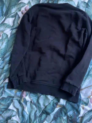 Svart sweatshirt från Moncler - Säljer en svart sweatshirt från Moncler med stort tryckt logomärke i vitt och rött på bröstet samt en broderad patch på ärmen. Tröjan har rund halsringning och långa ärmar med muddar. Perfekt för dig som gillar streetwear och vill ha något stilrent.