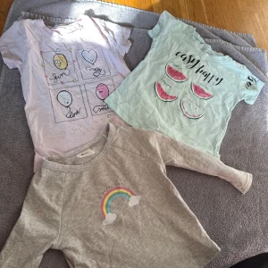 3-pack t-shirts & tröja barn 2-3 år - Tre söta barntröjor: en ljusrosa t-shirt med ballongtryck och pärldetaljer från Peri Masali, en mintgrön t-shirt med vattenmelontryck och text, samt en ljusgrå långärmad tröja från Cozy Cub med regnbåge och texten 'A happy day'. Perfekta för lek och vardag.