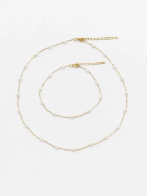 Guldigt halsband och armband med pärlor - Extra smycke på köpet!