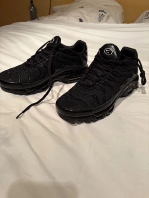 Nike Air Max Plus Triple/tn  Black - Säljer ett par helsvarta Nike Air Max Plus med snygg mesh och skinnpaneler. Skorna har den ikoniska Tuned Air-sulan, svarta snören och diskreta detaljer. Perfekta för dig som gillar en clean och sportig look med maximal komfort.