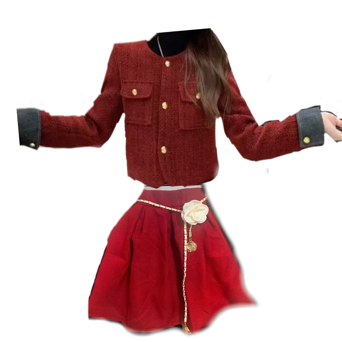 Set jacka och kjol tweed med bälte midja kedja 