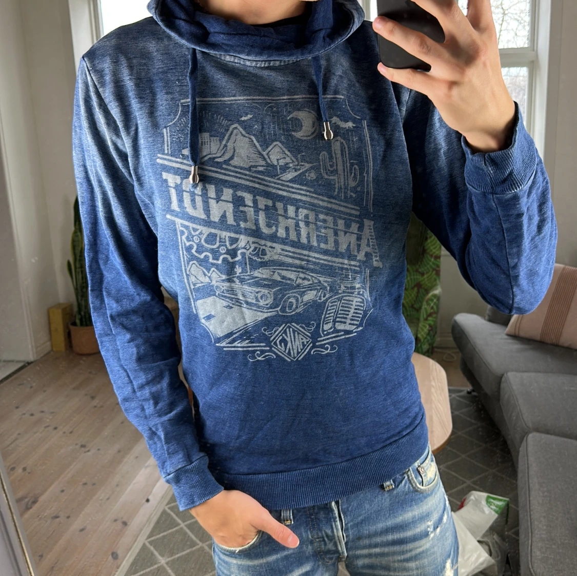 Stickad vintage hoodie mörkblå  - 1