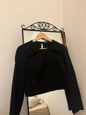 Svart croppad topp från Zara - Säljer en svart croppad topp från Zara med långa ärmar och coola cut-out detaljer vid axlarna. Toppen har en rund halsringning och stängs med knapp i nacken. Materialet är mjukt och har en lätt struktur som ger en snygg siluett. Vid snabb affär kan jag gå ner i pris!💕🫶🏼
