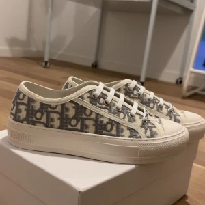 Christian Dior sneakers  - Snygga sneakers från Christian Dior i vitt och grått med ikoniskt monogrammönster. Skorna har snörning, rund tå och platt sula. Ovandelen är i canvas med tydlig Dior-logga och detaljer i vitt. Perfekta för dig som vill sticka ut med lyxig streetstyle.