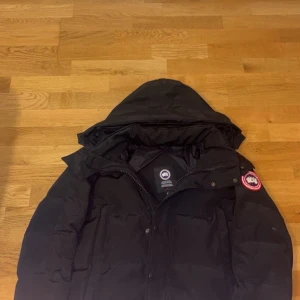 Svart dunjacka från Canada Goose - Säljer en svart dunjacka från Canada Goose med huva och klassisk logga på ärmen. Jackan har dragkedja och knappar framtill, samt en puffig design som håller dig varm under kalla dagar.