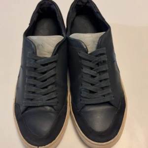 Axel Arigato marinblå sneakers med broderad fågel - Snygga marinblå sneakers från Axel Arigato med broderad fågel i blå toner på sidan. Skorna har snörning, rund tå och beige platt sula. Tillverkade i skinn och mocka för en lyxig känsla. Använda, men i bra skick 