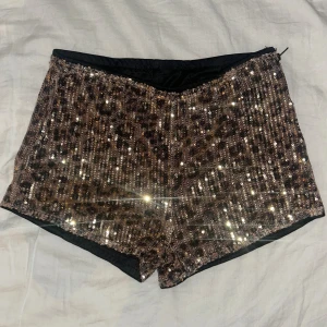 Glittriga leopardmönstrade shorts - Säljer dessa sjukt snygga och trendiga shorts med leopardmönster som aldrig använts. De har en mörkbrun och svart färgton, är midwaist och har dragkedja i sidan. 
