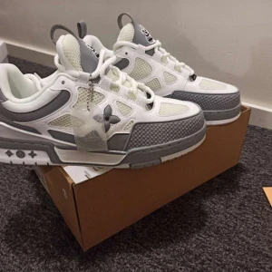 Louis Vuitton gråvita sneakers - Säljer ett par ETT AV ETT Louis Vuitton sneakers i grått och vitt med coola LV-detaljer och grafiska tryck på hälen. Skorna har snörning, platt sula och rund tå. Materialmix av skinn och mesh ger en modern vibe. Perfekta för dig som gillar exklusiv streetstyle.