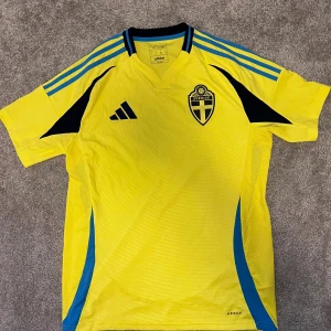 Svenska landslagets fotbollströja Adidas L - Gul fotbollströja från Adidas med Sveriges landslagsemblem på bröstet. Tröjan har blå detaljer, svarta inslag och klassiska Adidas-ränder på axlarna. Tillverkad i lätt och ventilerande material, perfekt för match eller träning.