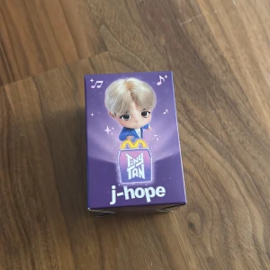 TinyTAN j-hope figur - Söt samlarfigur från TinyTAN-serien, föreställande j-hope från BTS. Förpackningen är i nyskick med färgglad design och alla medlemmar visas på sidan. Perfekt för fans och samlare, ingen synlig skada eller slitage.