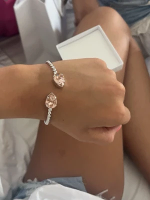 Silvrig väst med rosa stenar - Säljer en snygg silvrigt armband med tvinnad design och två stora ljusrosa droppformade stenar på ändarna. Armbandet är öppen framtill och har en modern, stilren look som passar perfekt till allt. Materialet är metall och stenarna ger en lyxig touch. Använd fåtal gånger och har boxen och påsen kvar! Pris kan KANSKE diskuteras