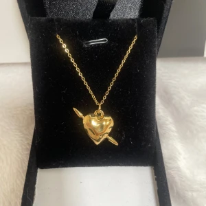 Guldigt halsband med detaljerat hjärthänge - Snyggt halsband i guld med ett coolt hjärthänge som har en pil genom sig. Kedjan är tunn och elegant, och hänget har en blank, spegelliknande yta. Perfekt accessoar för att lyfta vilken outfit som helst. Rostfri 
