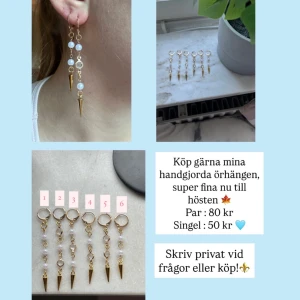 Handgjorda guldiga örhängen med pärlor och diameter  - Skriv till mig innan köp så jag vet vilka ni vill köpa ‼️  Nu säljer jag mina handgjorda örhängen som blev väldigt populära i silver men nu finns dem i guld, massa storlekar och designs⭐️  De är perfekta och så fina nu till hösten 🍁🍂   Par : 90 kr  Styck : 55 kr  