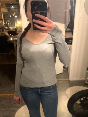 Grå långärmad v-ringad topp - Snygg grå långärmad topp med v-ringning och figurnära passform. Perfekt att matcha med jeans eller kjol för en enkel och stilren look.