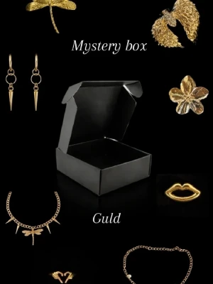 Mystery box med guldsmycken - 1 smycke pär box! Mystery box fylld med olika guldfärgade smycken som halsband, örhängen, ringar och armband. Innehållet har motiv som läppar, blommor, trollslända och vingar. Perfekt för dig som gillar överraskningar och unika accessoarer.