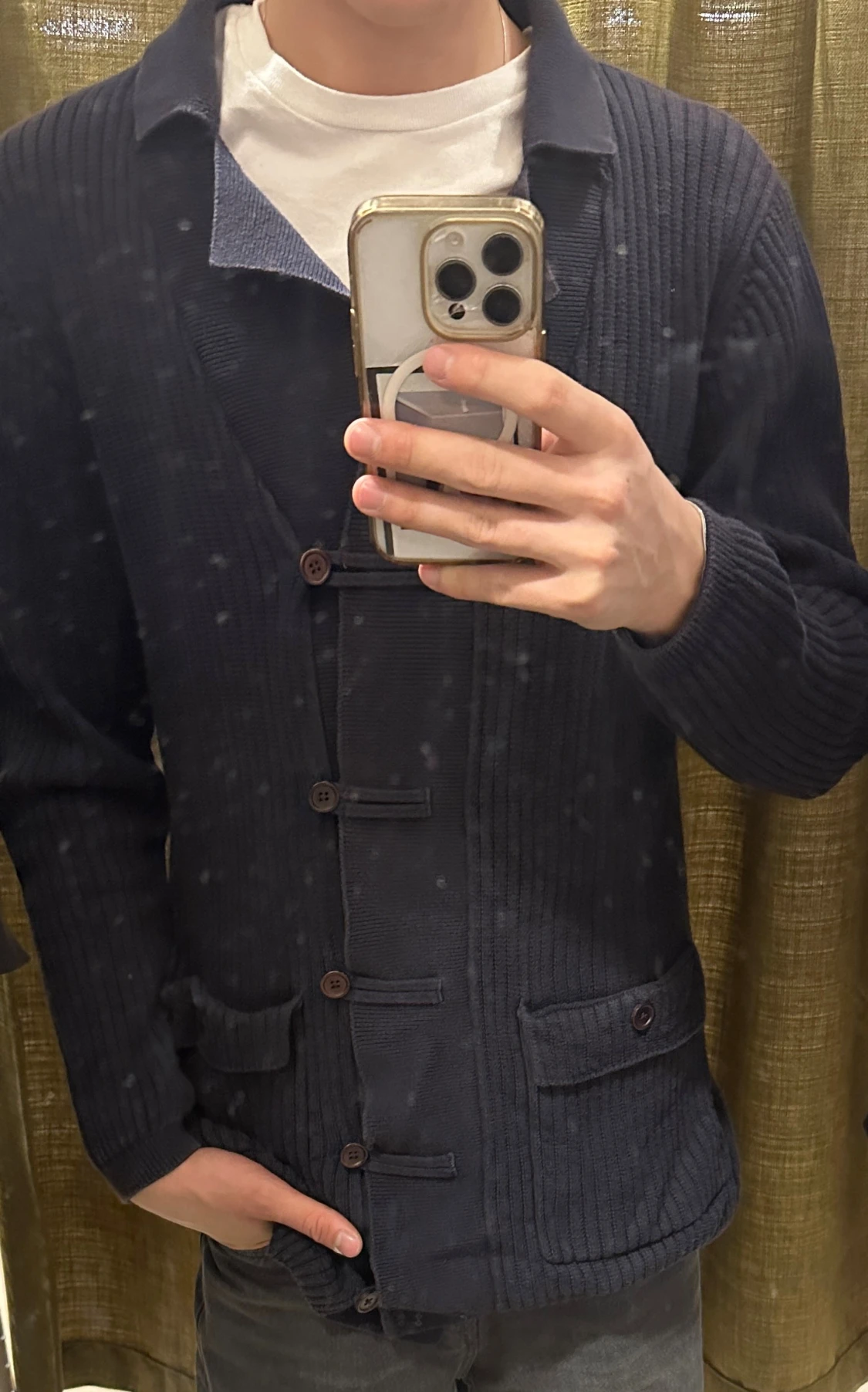 Mörkblå ribbad Pelle P kofta med krage - 1