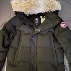 Svart Canada Goose dunjacka med päls - Säljer en svart dunjacka från Canada Goose med stor huva och fluffig pälsdetalj. Jackan har klassisk logga på ärmen, dragkedja och knappar framtill samt flera praktiska fickor. Perfekt för kalla dagar och riktigt snygg streetstil.