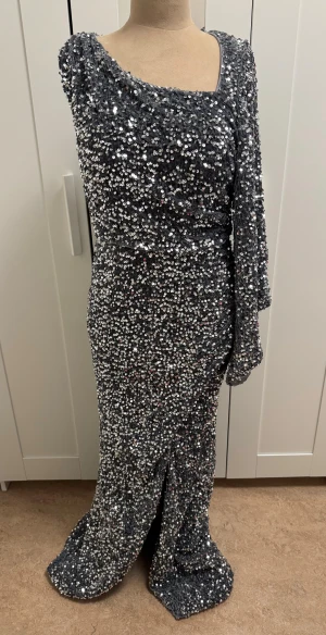 Glittrig långklänning från Miss Ord - Säljer en maxad glittrig långklänning från Miss Ord i silver med paljetter över hela klänningen. Klänningen har en asymmetrisk design med en lång ärm och en axel bar. Materialet är syntet och klänningen har en dragkedja i sidan för enkel påklädning.