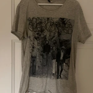 Grå The Doors t-shirt XL - Säljer en grå t-shirt i storlek XL med stort svartvitt tryck av The Doors på framsidan. T-shirten har rund hals och korta ärmar. Materialet är mjukt och känns som bomull, perfekt för dig som gillar bandmerch och vill ha en avslappnad stil.