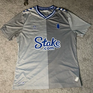 Everton fotbollströja tredjeställ 2023/24 - Snygg grå fotbollströja från Hummel med tunna vertikala ränder och blå detaljer. Everton-logga på bröstet och sponsortryck i blått. Tillverkad i lätt och ventilerande polyester, perfekt för match eller träning. Klassisk V-ringning med blå/vita ränder.