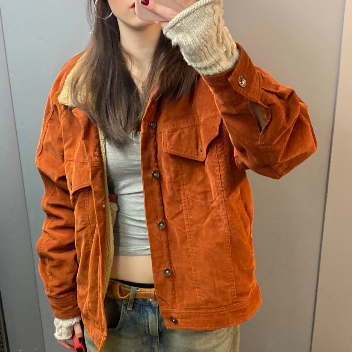 Rustbrun manchesterjacka med teddykrage