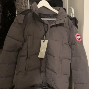 Grå dunjacka från Canada Goose - Säljer en grå dunjacka från Canada Goose med klassisk patch på ärmen. Jackan har quiltad design, huva och både dragkedja och knappar framtill. Perfekt för kalla dagar och har en clean look som funkar till allt. Fickor på sidorna och snygga detaljer. Alla tags är kvar.