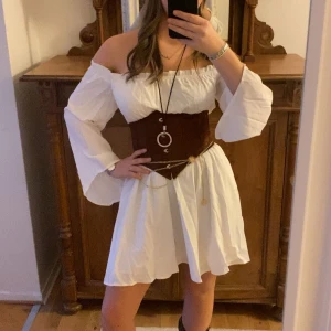 Pirat halloween kostym  - Säljer min halloween outfit. Man får med den vita klänningen, korsetten, guldkedjan, den röda ”mössan” och även små guldsmycken att ha i håret. Allt är helt nytt från shein.