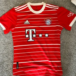 Röd FC Bayern München Adidas tröja - Säljer en officiell FC Bayern München matchtröja från Adidas i rött med vita ränder och detaljer. Kortärmad med rund hals och klubbmärke på bröstet. Materialet är lätt och andas, perfekt för fotboll eller häng. Stora T-Mobile-loggan på framsidan och tryck på ärmen.
