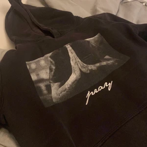 Svart hoodie Mister Tee med print - Svart hoodie från Mister Tee i storlek M med stor grafisk print på bröstet som föreställer händer i bön och texten 'pray' broderad under. Klassisk huva och mjukt material, perfekt för en avslappnad streetstyle.