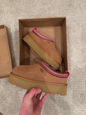 UGG TAZZ CHESTNUT  - UGG boots i beige mocka med bred platåsula och fluffigt foder. Snygg röd och vit brodyr längs kanten och UGG-logga på sidan. Perfekta för kalla dagar och riktigt sköna att ha på sig. Klassisk UGG-stil med modern twist.