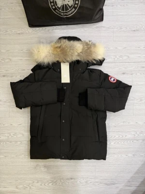 Svart dunjacka från Canada Goose - Säljer en svart dunjacka från Canada Goose med stor huva och fluffig pälsdetalj. Jackan har långa ärmar, stora fickor framtill och stängs med både dragkedja och knappar. Perfekt för kalla vinterdagar och riktigt snygg streetstil. Alldelens ny lapparna kvar