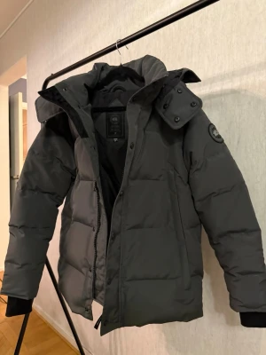 Canada Goose - Säljer en grå dunjacka från Canada Goose med huva och raka linjer. Jackan har både dragkedja och knappar framtill, samt två stora fickor. Medföljer en lös pälskant till huvan. Perfekt för kalla dagar och riktigt snygg stil.